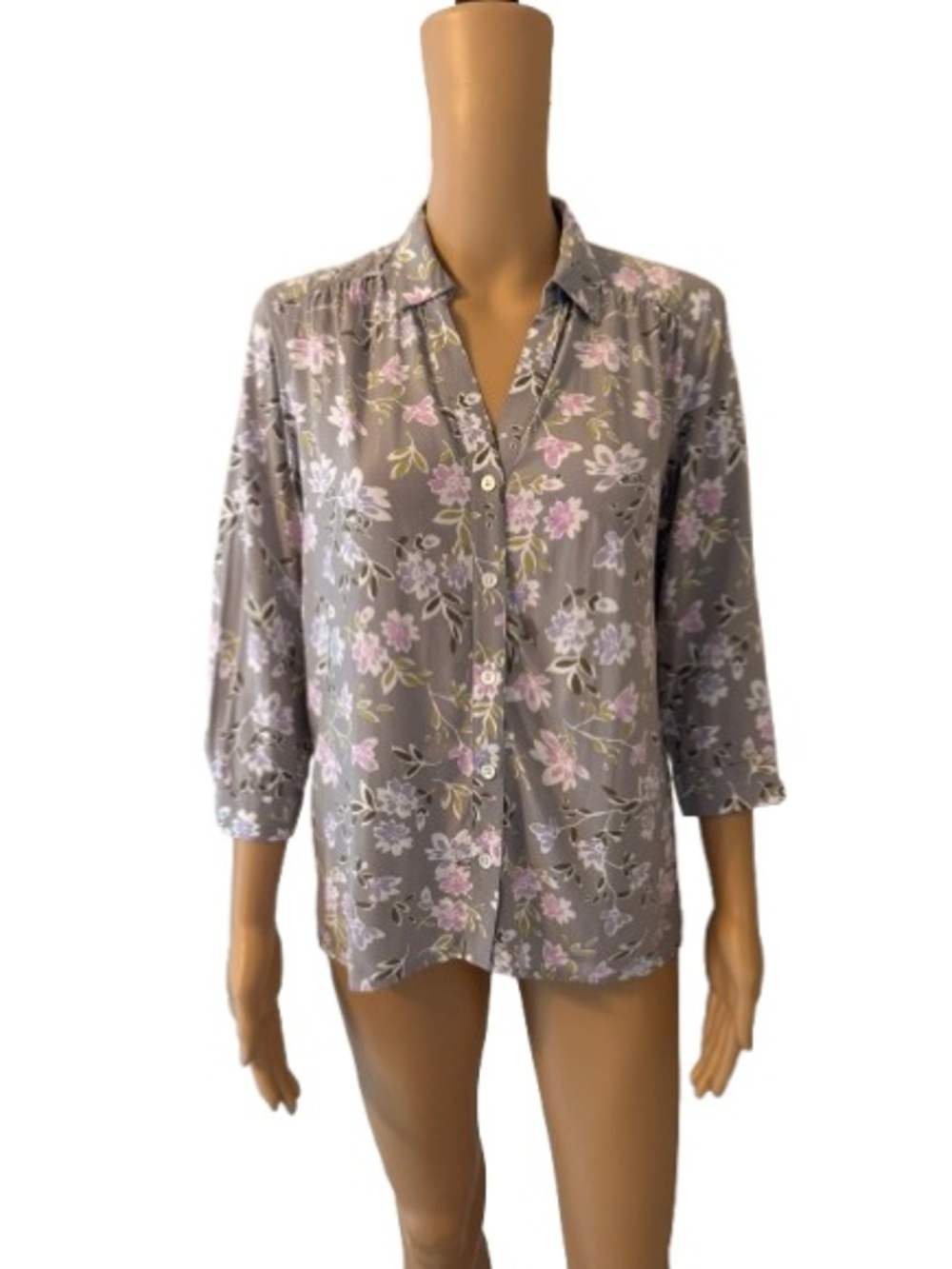 J Jill Women's Gray Floral Button Down Blouse XS